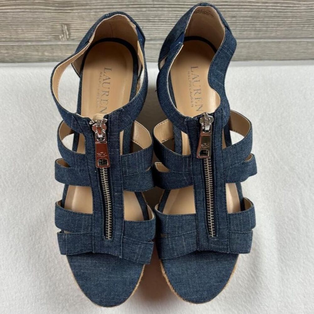 Lauren Ralph Lauren Denim Wedge Sandals Women’s 9 Blue Zip Front Strappy Heels